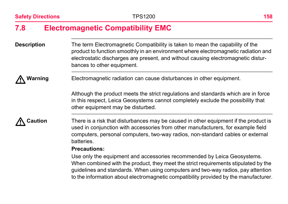 8 electromagnetic compatibility emc | LEICA TPS1200 User Manual | Page 158 / 226