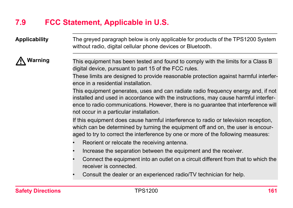 9 fcc statement, applicable in u.s | LEICA TPS1200 User Manual | Page 161 / 226