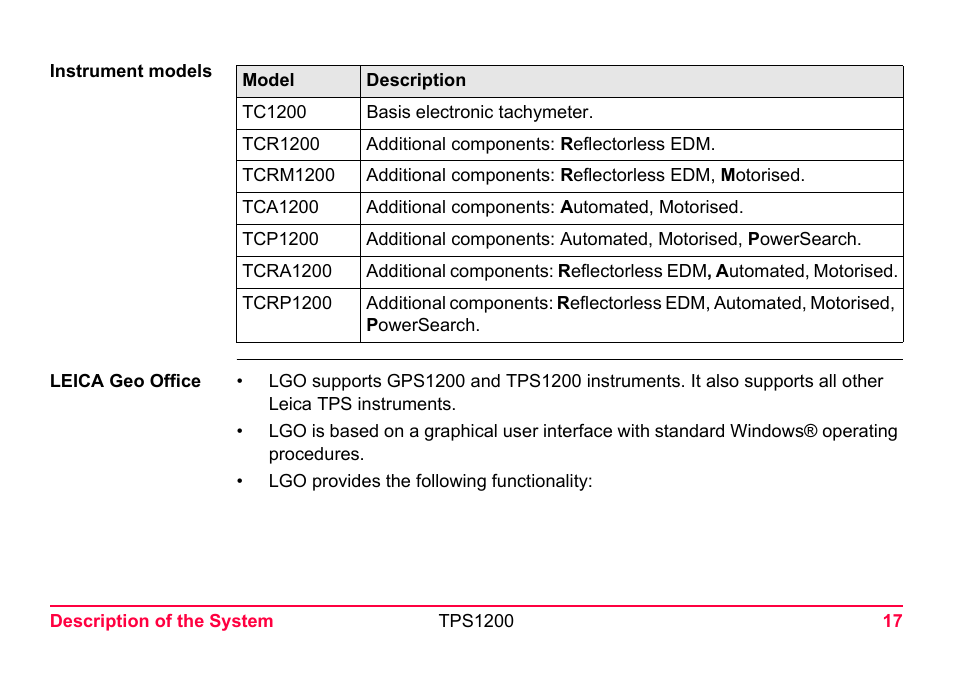 LEICA TPS1200 User Manual | Page 17 / 226