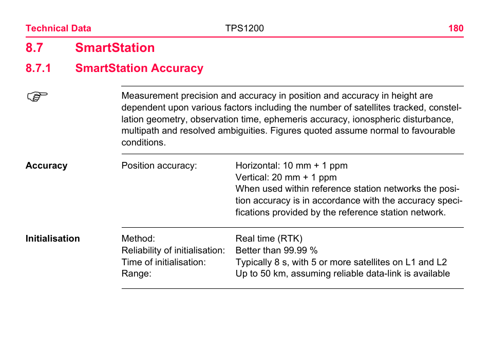 7 smartstation, 1 smartstation accuracy, Smartstation accuracy | LEICA TPS1200 User Manual | Page 180 / 226