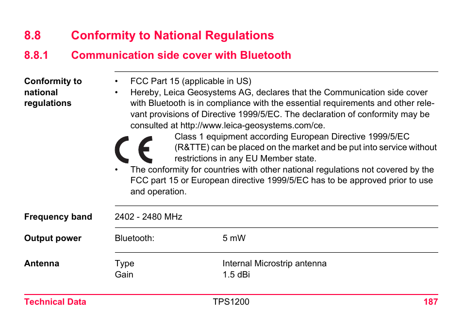 8 conformity to national regulations, 1 communication side cover with bluetooth, Communication side cover with bluetooth | LEICA TPS1200 User Manual | Page 187 / 226
