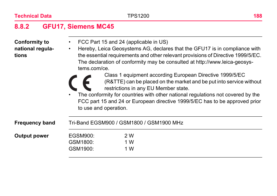 2 gfu17, siemens mc45, Gfu17, siemens mc45 | LEICA TPS1200 User Manual | Page 188 / 226