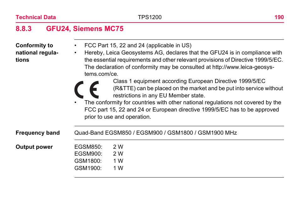 3 gfu24, siemens mc75, Gfu24, siemens mc75 | LEICA TPS1200 User Manual | Page 190 / 226