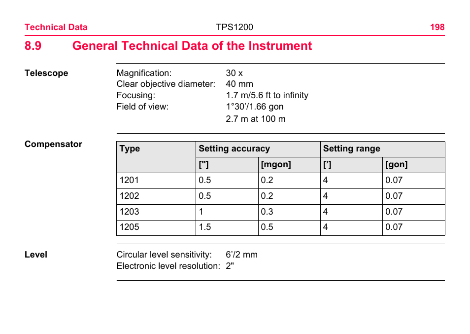 9 general technical data of the instrument | LEICA TPS1200 User Manual | Page 198 / 226