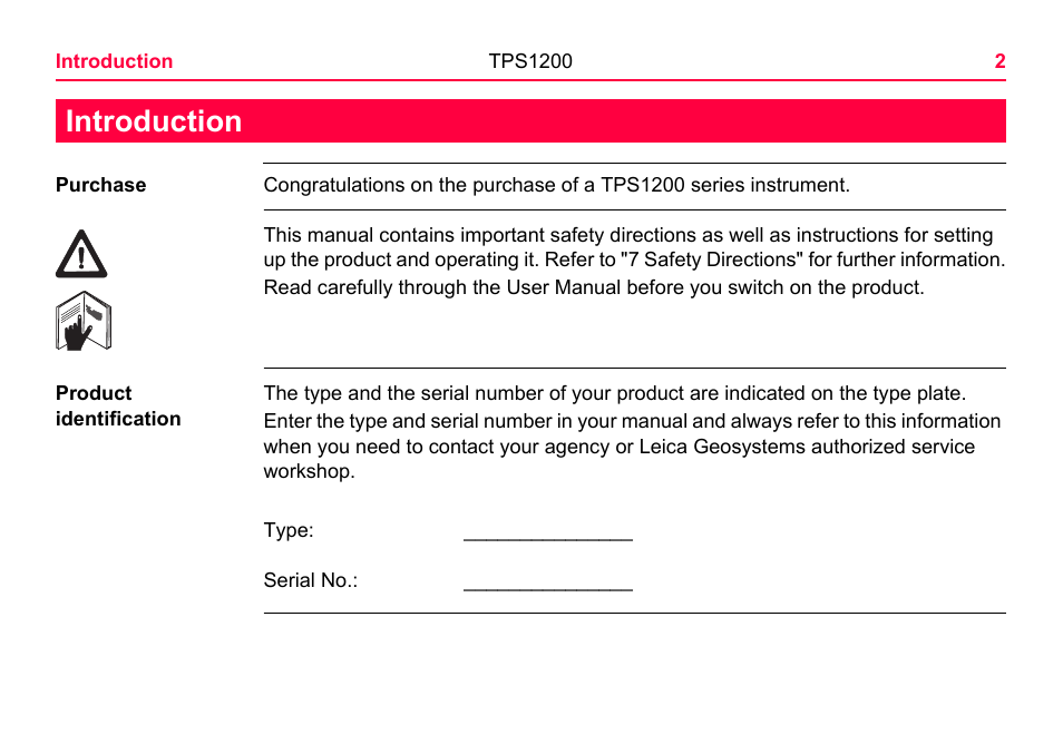 Introduction | LEICA TPS1200 User Manual | Page 2 / 226
