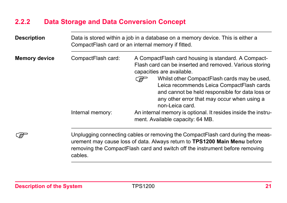 2 data storage and data conversion concept, Data storage and data conversion concept | LEICA TPS1200 User Manual | Page 21 / 226