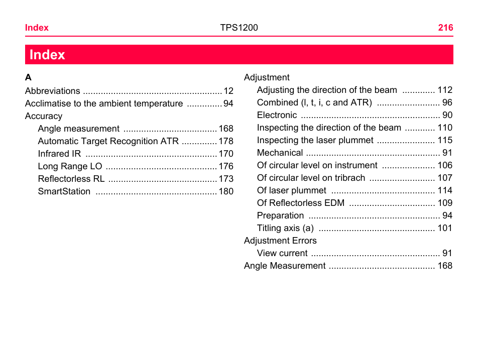 Index | LEICA TPS1200 User Manual | Page 216 / 226