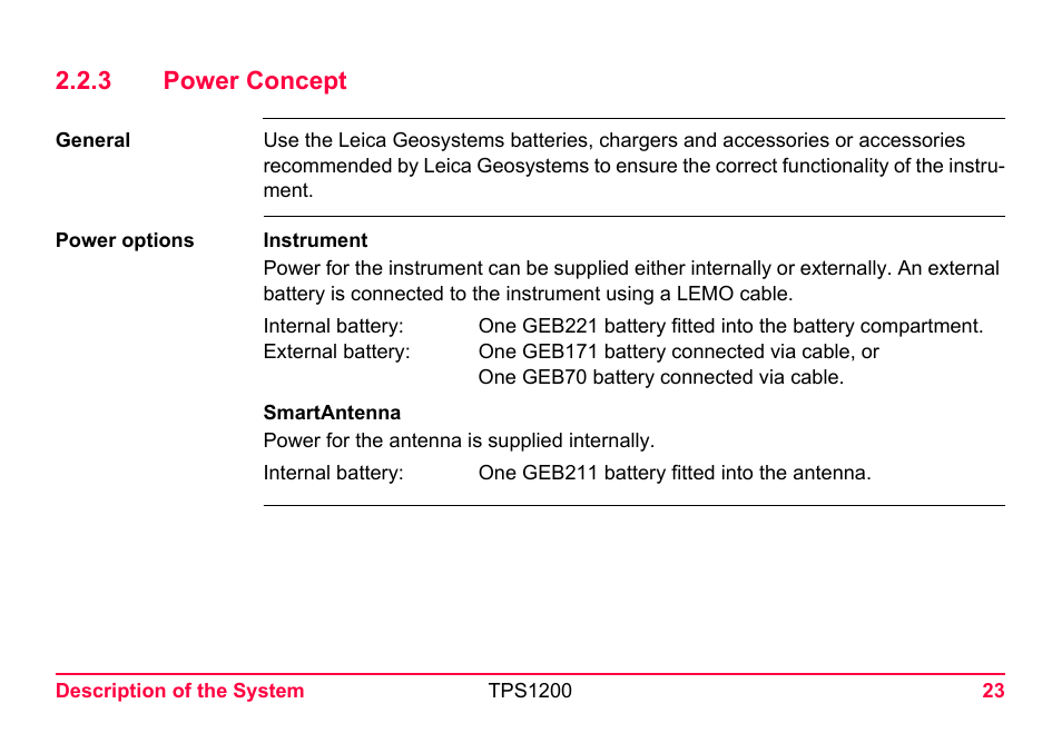 3 power concept, Power concept | LEICA TPS1200 User Manual | Page 23 / 226