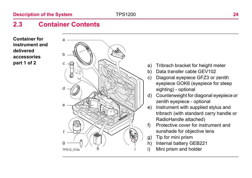 3 container contents | LEICA TPS1200 User Manual | Page 24 / 226