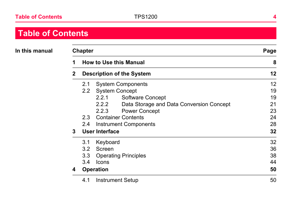 LEICA TPS1200 User Manual | Page 4 / 226