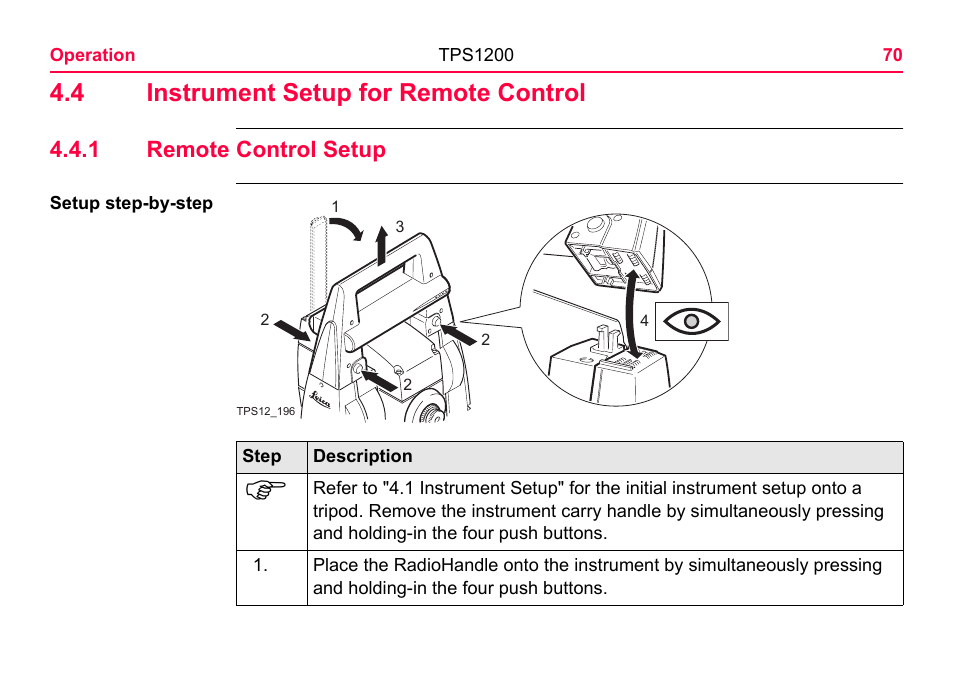 4 instrument setup for remote control, 1 remote control setup, Remote control setup | LEICA TPS1200 User Manual | Page 70 / 226