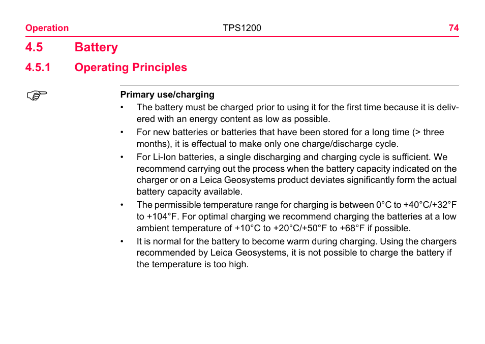 5 battery, 1 operating principles, Operating principles | LEICA TPS1200 User Manual | Page 74 / 226
