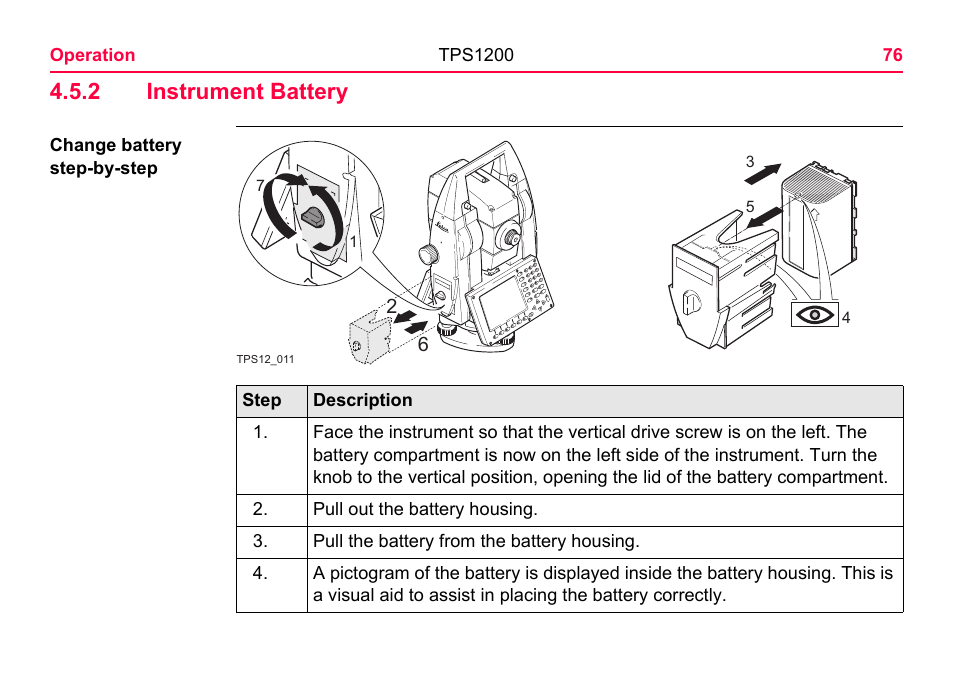2 instrument battery, Instrument battery | LEICA TPS1200 User Manual | Page 76 / 226