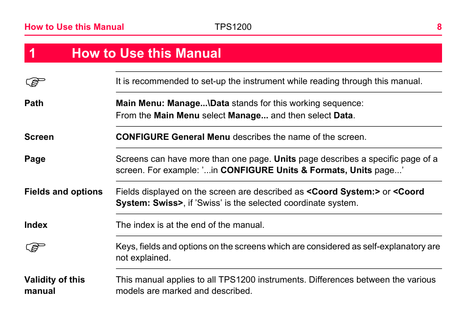How to use this manual, 1how to use this manual | LEICA TPS1200 User Manual | Page 8 / 226