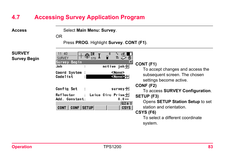 7 accessing survey application program | LEICA TPS1200 User Manual | Page 83 / 226