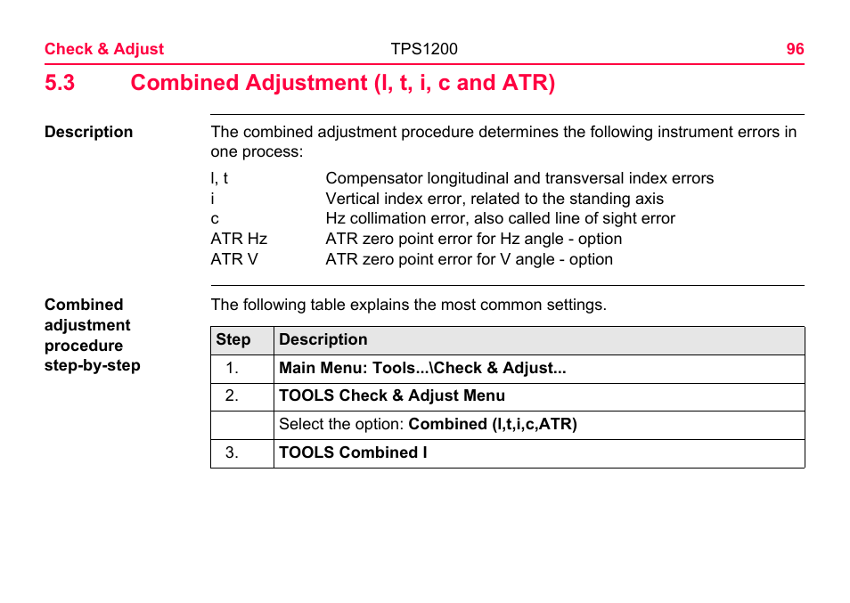 3 combined adjustment (l, t, i, c and atr), R to "5.3 combined adjustment (l, t, i, c and atr) | LEICA TPS1200 User Manual | Page 96 / 226