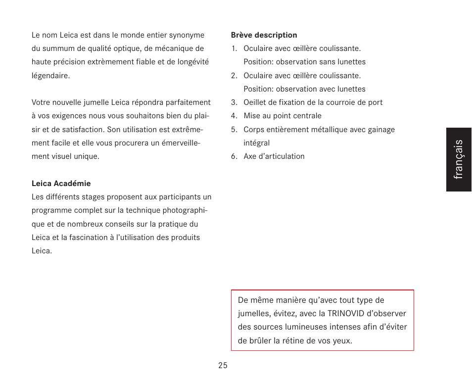 Fr ançais | LEICA TRINOVID 7/8/10 X 42 BN User Manual | Page 29 / 77