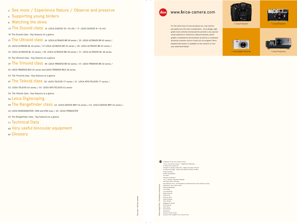 Supporting young birders, Watching the skies, The duovid class | The ultravid class, The trinovid class, The televid class, Leica digiscoping, The rangefinder class, Technical data, Very useful binocular equipment | LEICA Geovid 10x42 BRF User Manual | Page 2 / 51