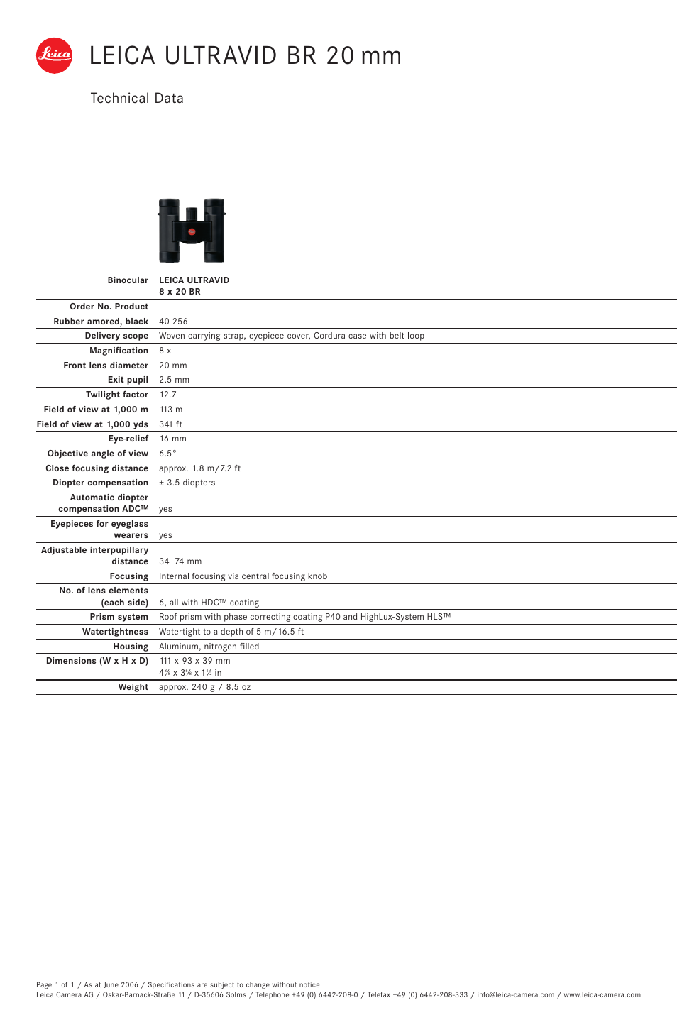 LEICA ULTRAVID BR 20 User Manual | 1 page