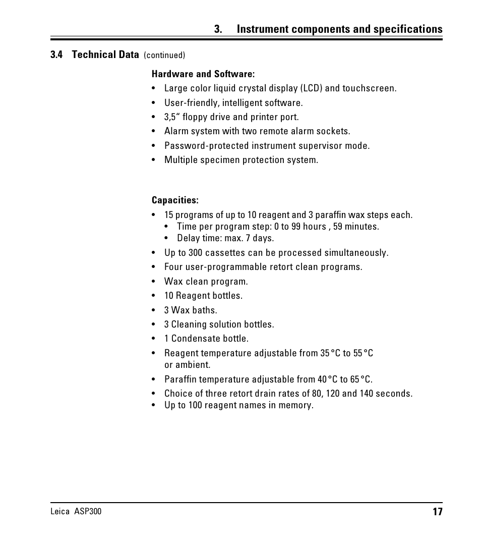 Instrument components and specifications | LEICA ASP300 User Manual | Page 17 / 70
