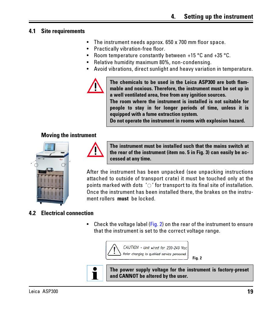 Setting up the instrument, 1 site requirements, 2 electrical connection | Site requirements, Electrical connection | LEICA ASP300 User Manual | Page 19 / 70