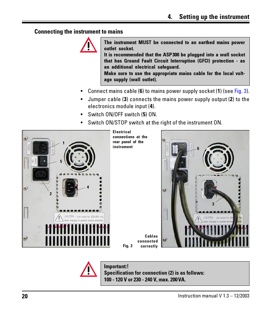 Setting up the instrument, Connecting the instrument to mains | LEICA ASP300 User Manual | Page 20 / 70