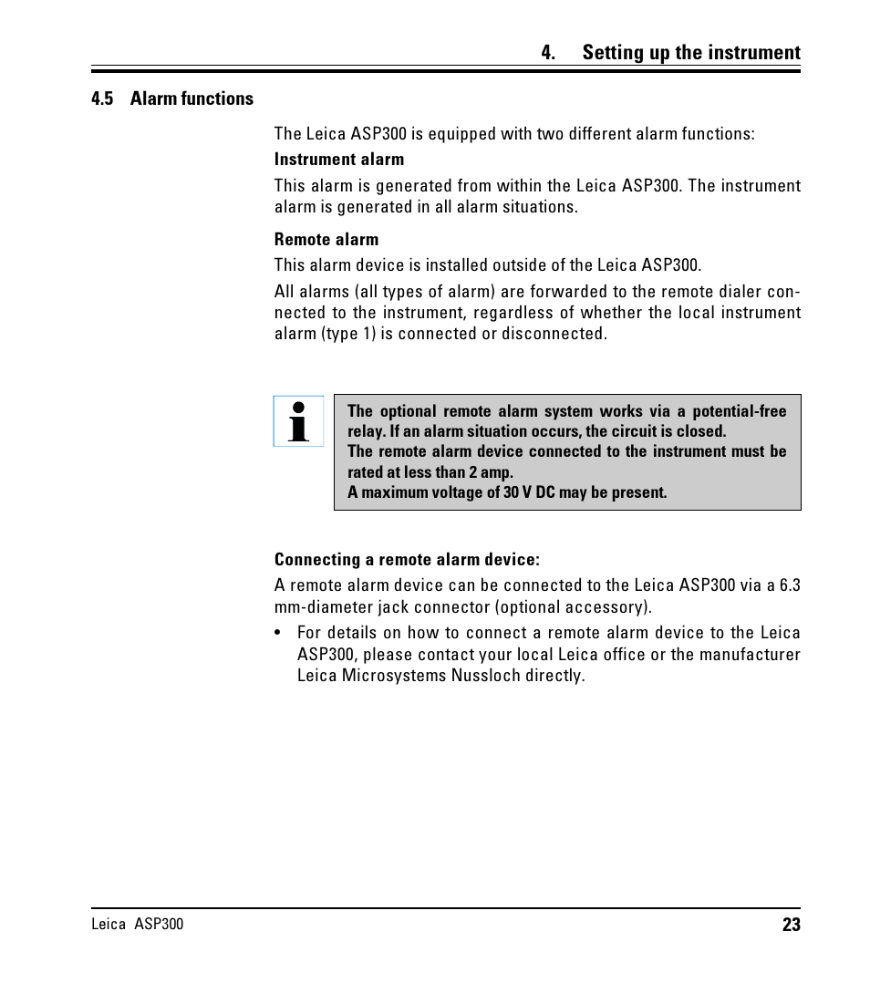 5 alarm functions, Alarm functions | LEICA ASP300 User Manual | Page 23 / 70