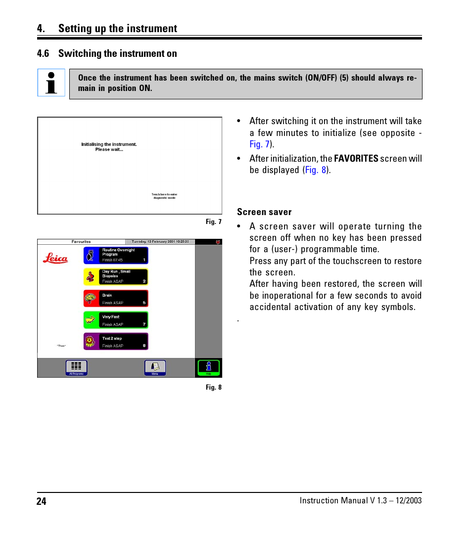 6 switching the instrument on, Switching the instrument on, Setting up the instrument | LEICA ASP300 User Manual | Page 24 / 70
