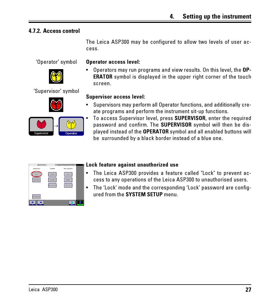 Access control, Setting up the instrument | LEICA ASP300 User Manual | Page 27 / 70