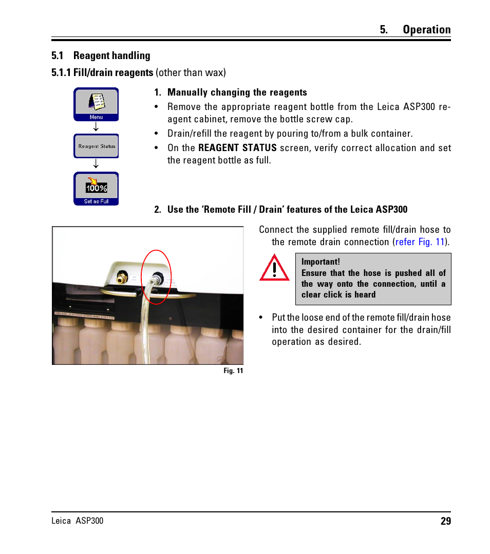 Operation, 1 reagent handling, 1 fill/drain reagents (other than wax) | Reagent handling, Fill/drain reagents (other than wax) | LEICA ASP300 User Manual | Page 29 / 70