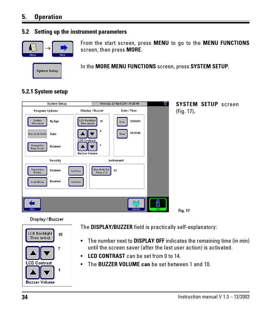 2 setting up the instrument parameters, 1 system setup, Setting up the instrument parameters | System setup, Operation | LEICA ASP300 User Manual | Page 34 / 70
