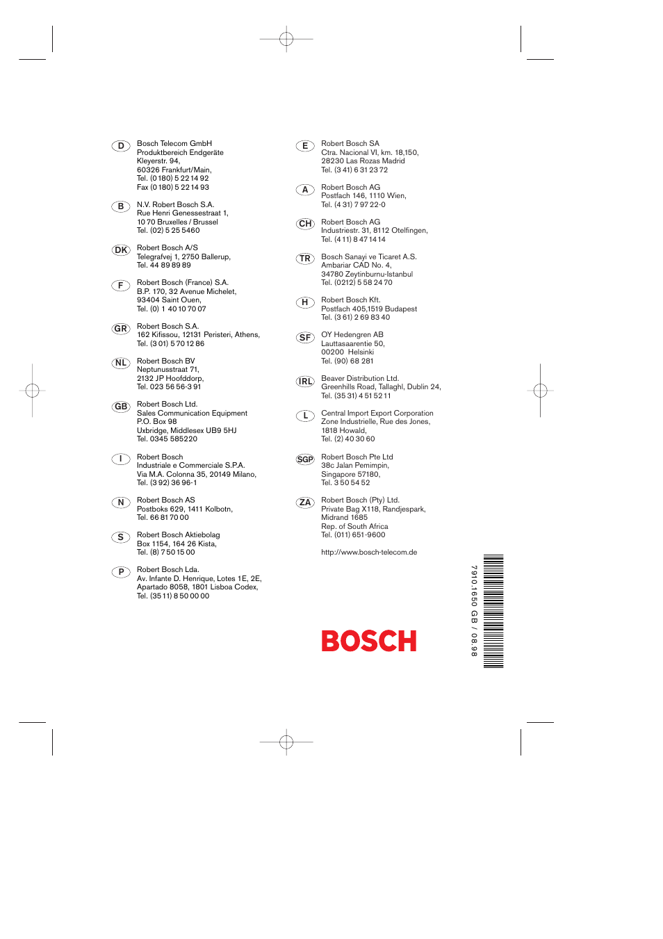 Bosch addresses | Bosch 718 User Manual | Page 44 / 44