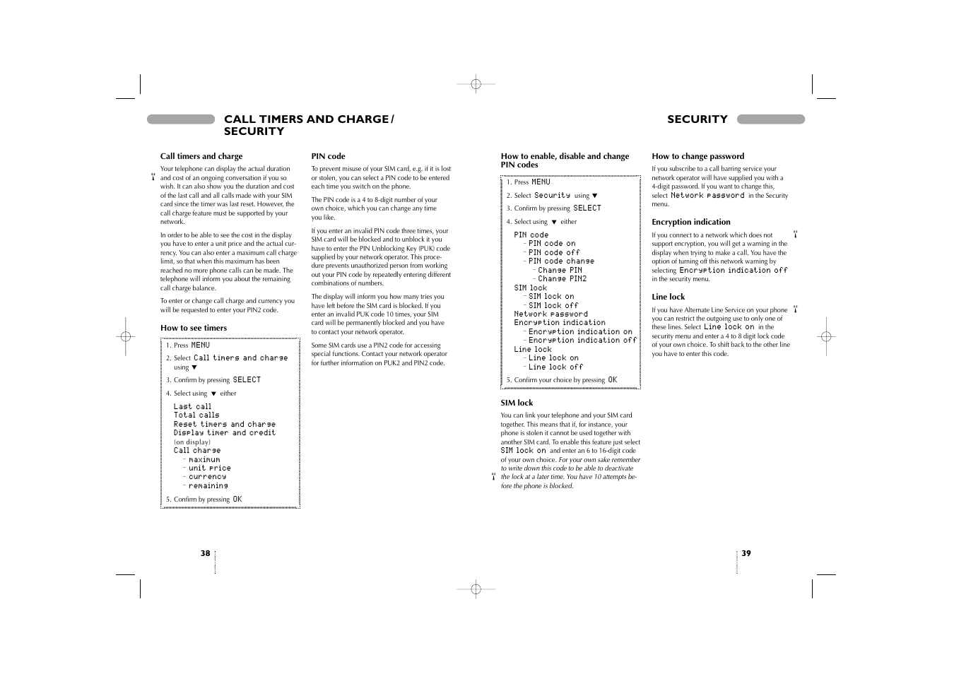 Call timers and charge, Security, Security call timers and charge / security | Bosch 909 Dual S User Manual | Page 20 / 25
