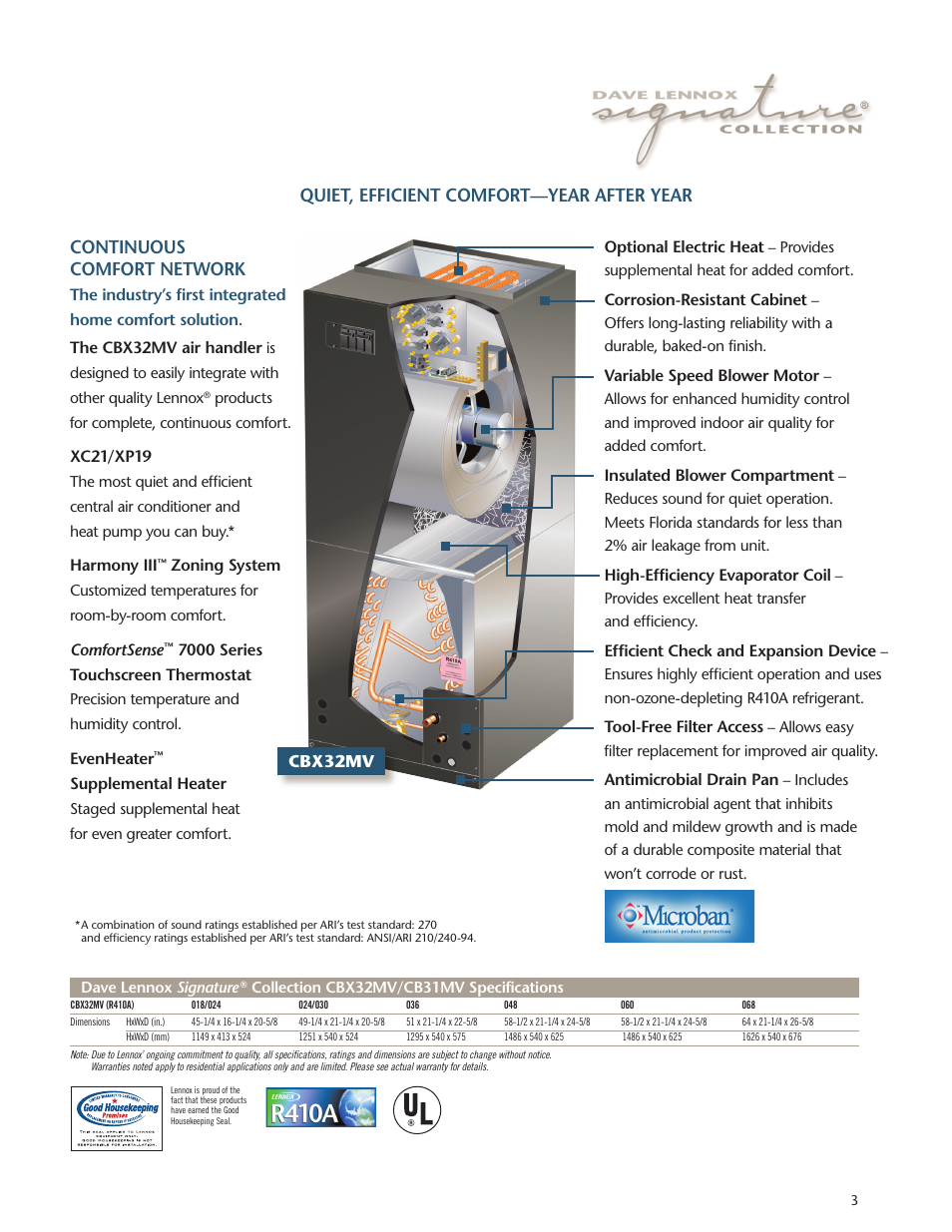 Quiet, efficient comfort—year after year, Continuous comfort network, Cbx32mv | Lenoxx Electronics Variable Speed Air Handlers CBX32MV User Manual | Page 3 / 4