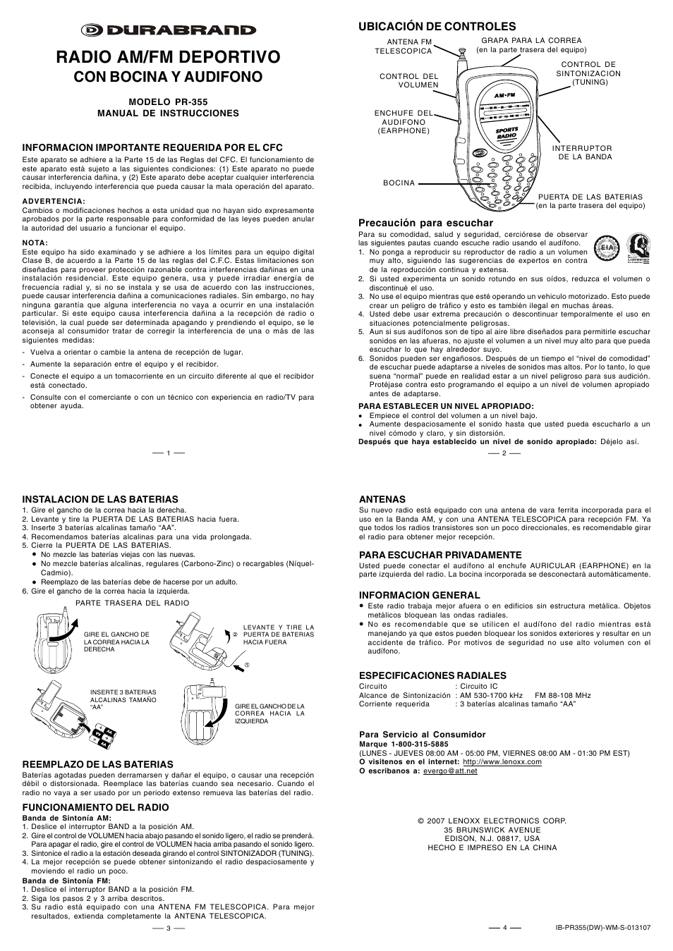 Radio am/fm deportivo, Con bocina y audifono, Ubicación de controles | Lenoxx Electronics PR-355 User Manual | Page 2 / 2