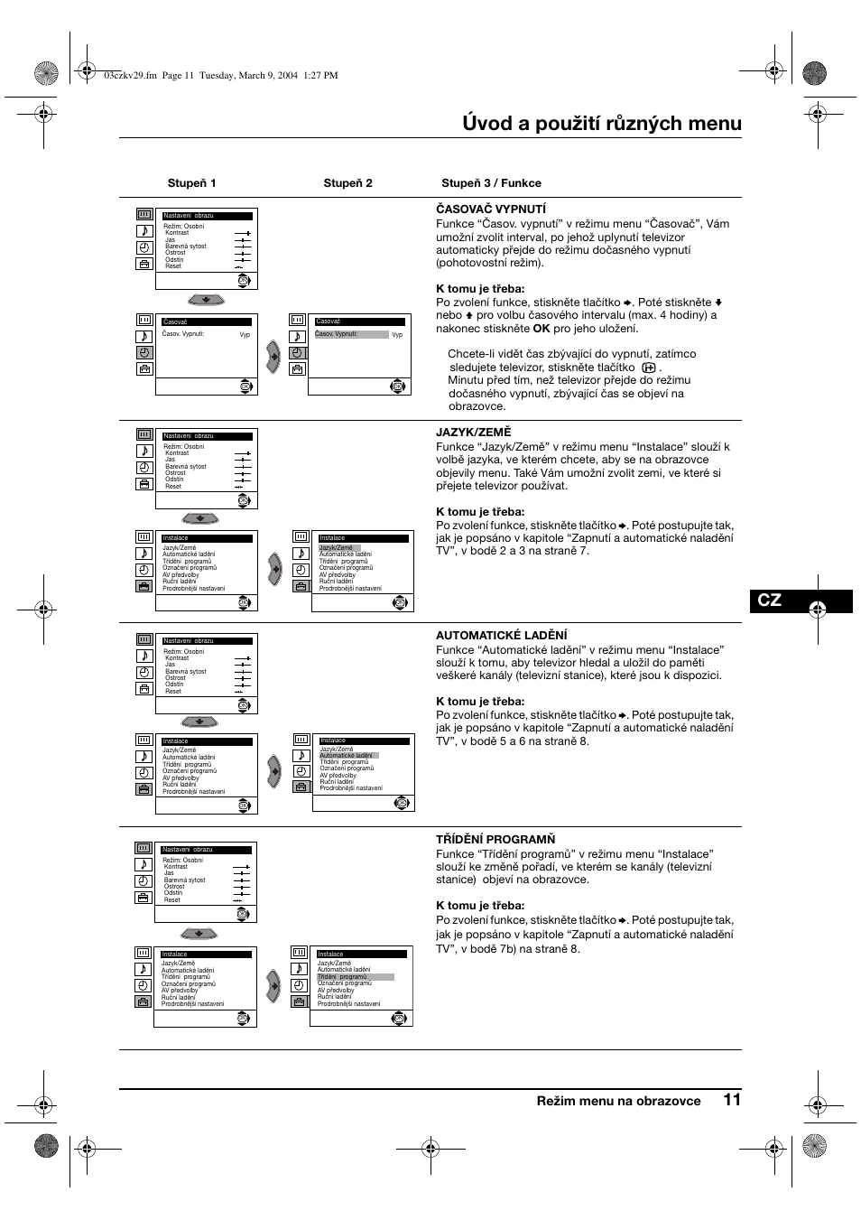 Úvod a použití různých menu, Režim menu na obrazovce | Sony KV-29XL71K User Manual | Page 51 / 124