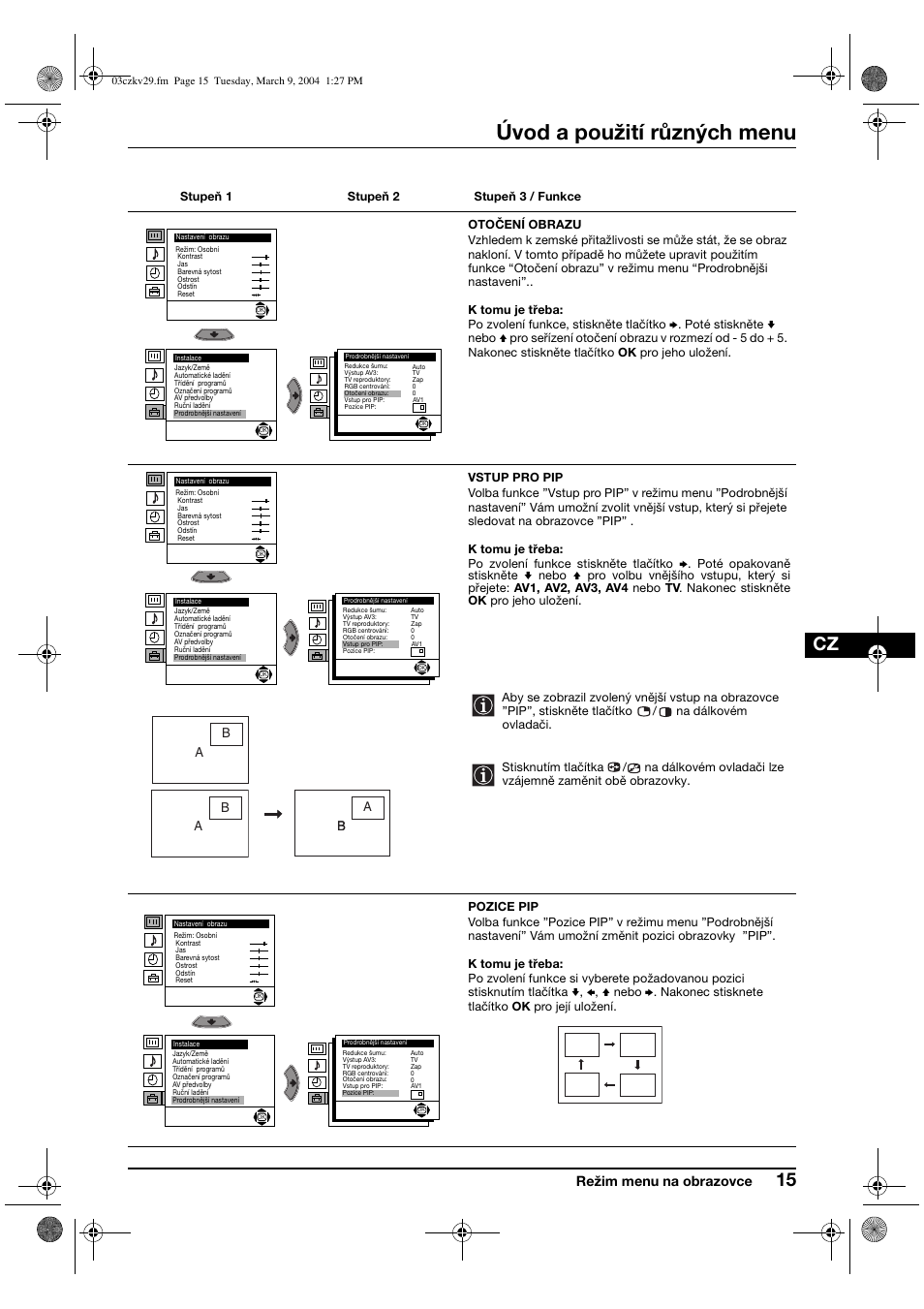 Úvod a použití různých menu, Režim menu na obrazovce | Sony KV-29XL71K User Manual | Page 55 / 124