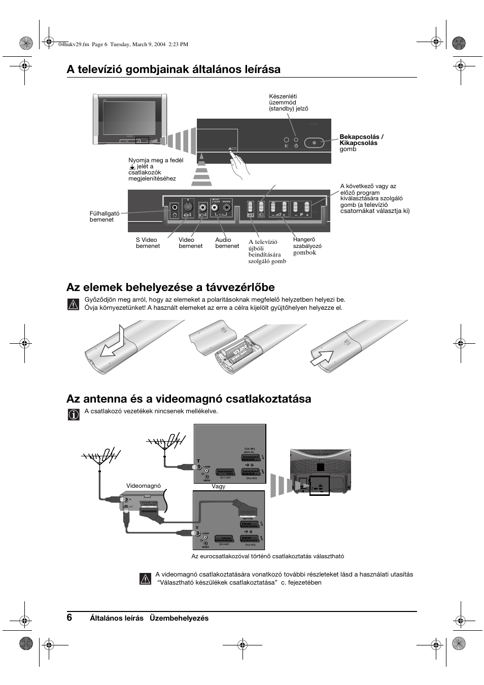 A televízió gombjainak általános leírása, Az elemek behelyezése a távvezérlőbe, Az antenna és a videomagnó csatlakoztatása | Sony KV-29XL71K User Manual | Page 66 / 124