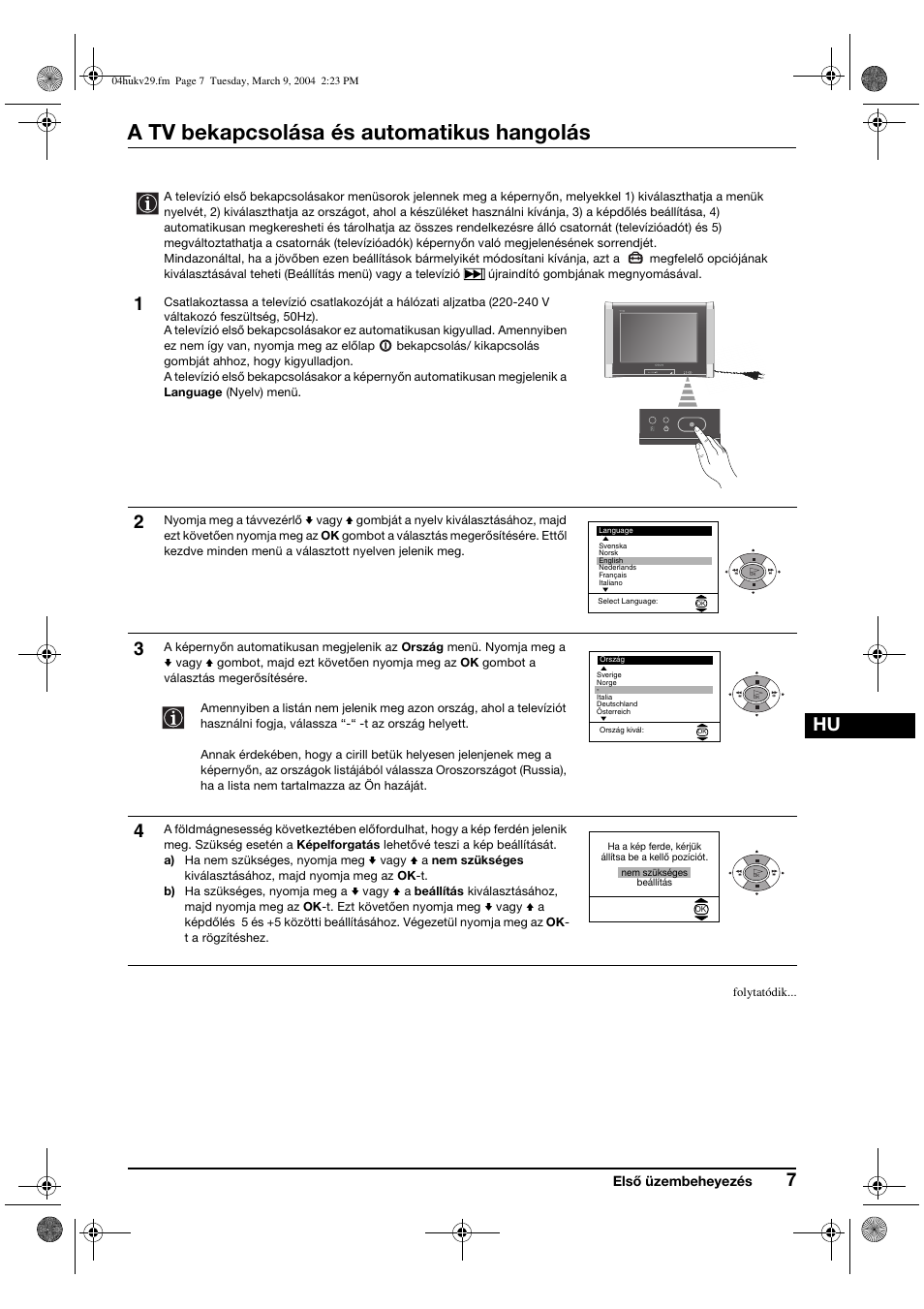 A tv bekapcsolása és automatikus hangolás | Sony KV-29XL71K User Manual | Page 67 / 124