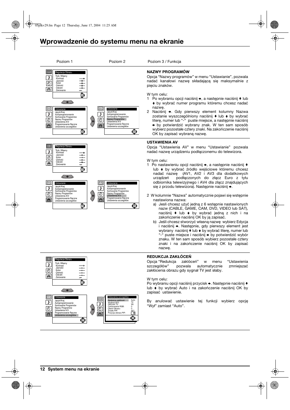 Wprowadzenie do systemu menu na ekranie, 12 system menu na ekranie | Sony KV-29XL71K User Manual | Page 92 / 124