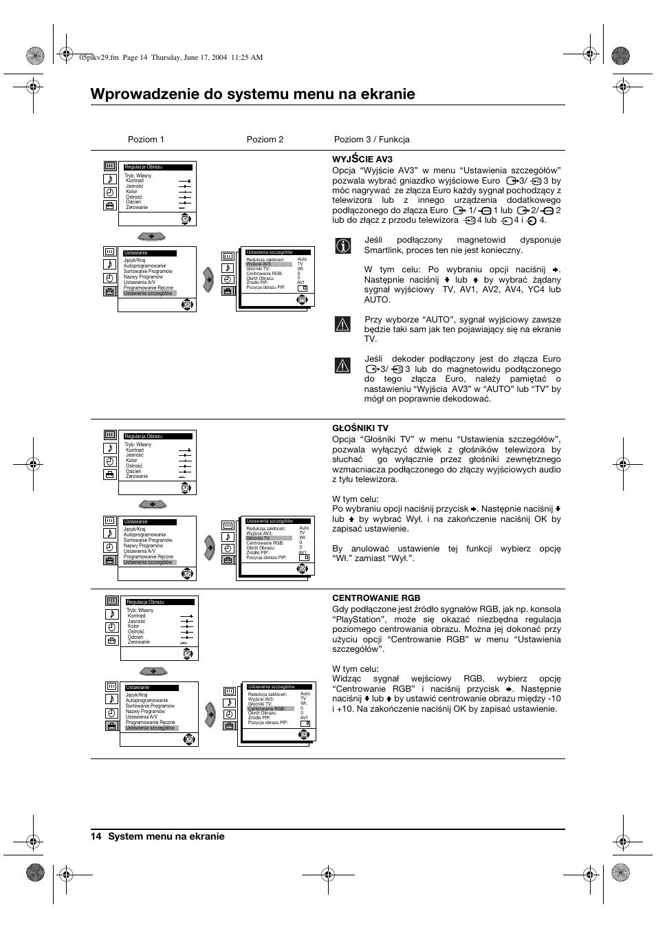 Wprowadzenie do systemu menu na ekranie, 14 system menu na ekranie | Sony KV-29XL71K User Manual | Page 94 / 124