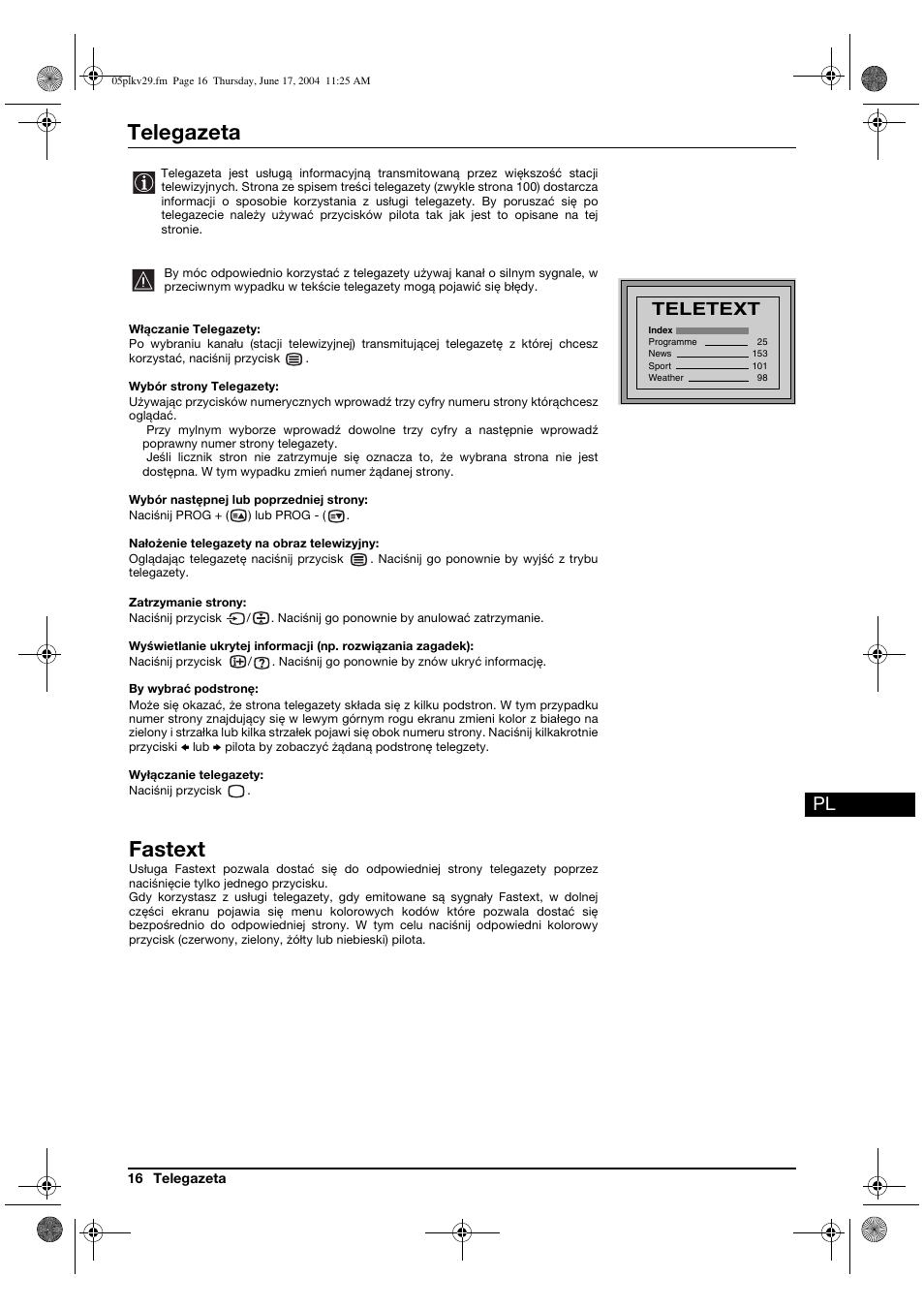 Telegazeta, Fastext, Teletext | Sony KV-29XL71K User Manual | Page 96 / 124