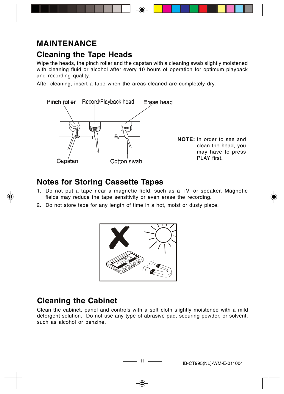 Maintenance cleaning the cabinet, Cleaning the tape heads | Lenoxx Electronics CT-995 User Manual | Page 12 / 14