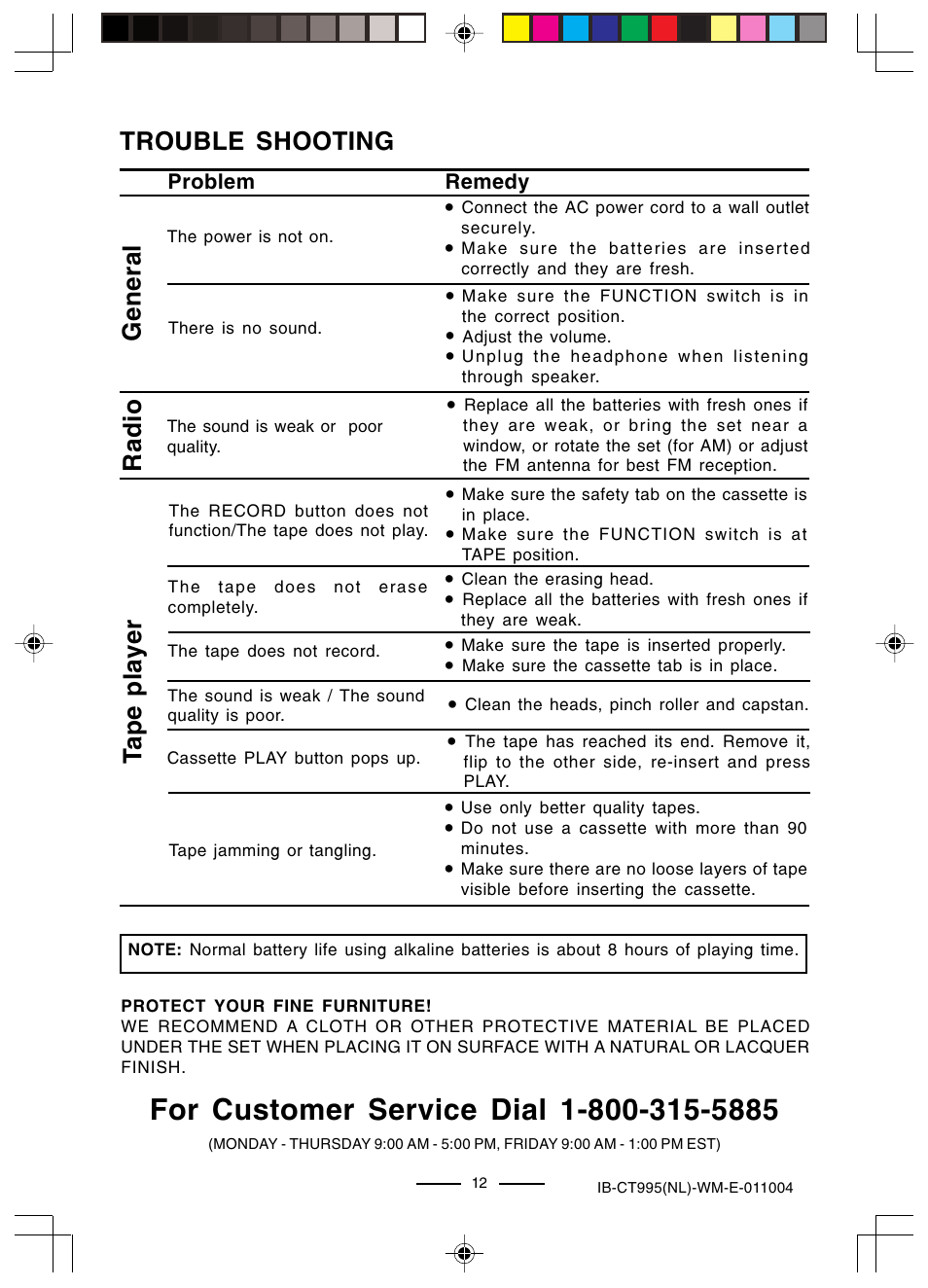 Trouble shooting, General radio tape player | Lenoxx Electronics CT-995 User Manual | Page 13 / 14