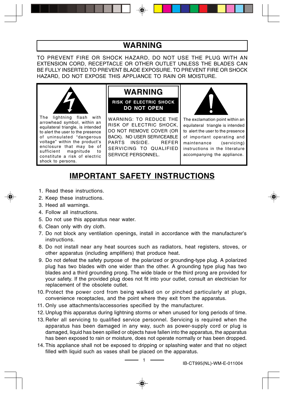 Warning, Important safety instructions warning | Lenoxx Electronics CT-995 User Manual | Page 2 / 14