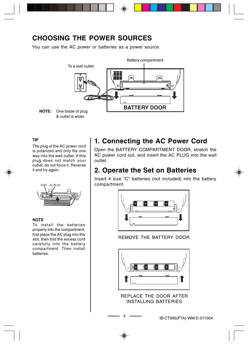 Choosing the power sources, Connecting the ac power cord, Operate the set on batteries | Battery door | Lenoxx Electronics CT-995 User Manual | Page 5 / 14