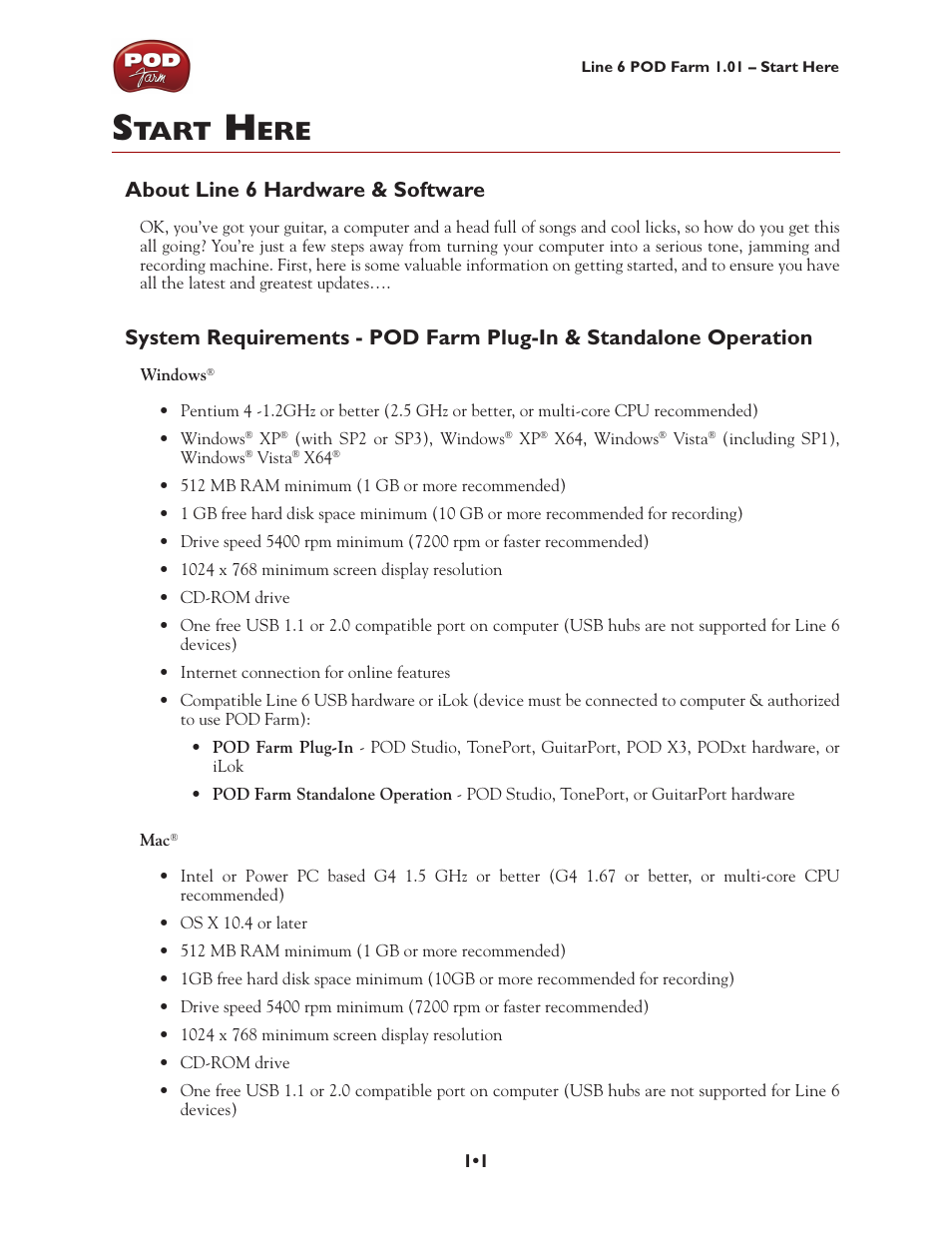 Start here, About line 6 hardware & software, Start here •1 | Tart | Line 6 POD Farm UX1 User Manual | Page 4 / 177