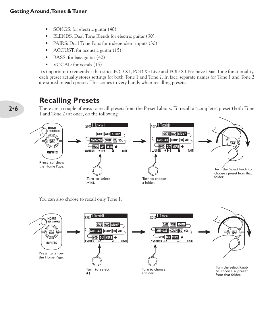 Recalling presets | Line 6 POD X3 Family User Manual | Page 28 / 60