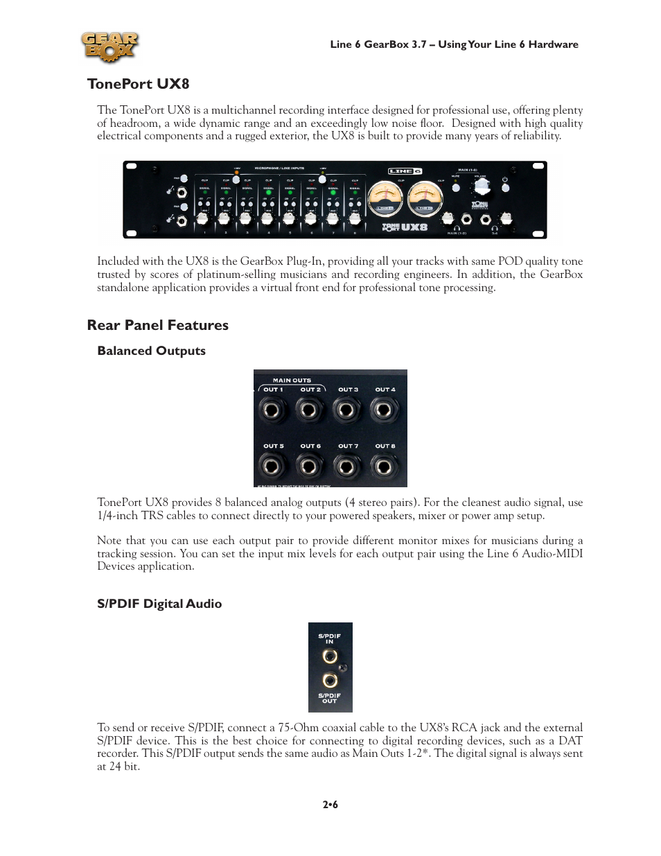 Toneport ux8, Toneport ux8 •6, Rear panel features | Line 6 3.7 User Manual | Page 13 / 223