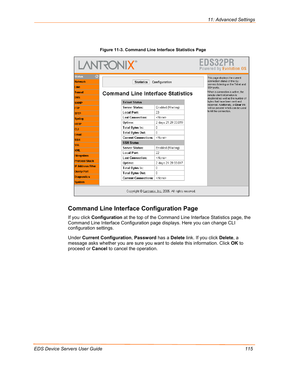 Command line interface configuration page | Lantronix Data Center-Grade Evolution Device Server EDS32PR User Manual | Page 115 / 158